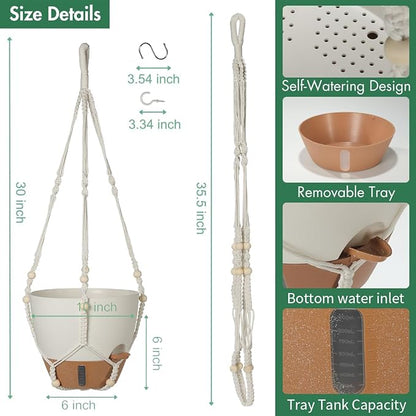 Self-Watering Hanging Planters for Indoor Plants Set 2-Piece Includes Plant Hanging Pot, Drainage-Hole Hanging Pot, and Hanging Basket Rack (10 Inches, White)