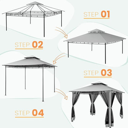 COBIZI Gazebo 10x10 Heavy Duty Gazebos with Improved Nettings Outdoor Gazebo Double Roof Patio Gazebos with Metal Steel Frame Outdoor Canopy for Patio, Deck, Backyard (Gray)