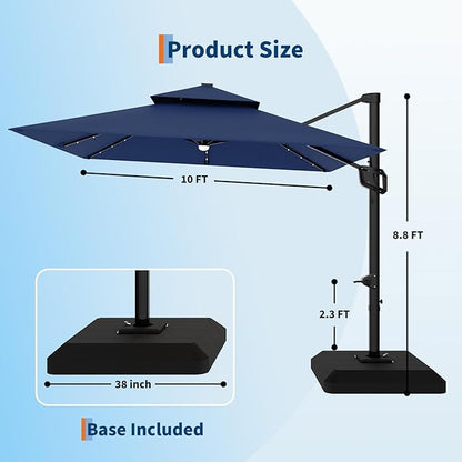 Garvee 10 ft Solar Lights Cantilever Patio Umbrella with Base Included, 360° Rotation Offset Umbrella, Easy Crank & Tilt Adjustment, UV Protection for Backyard, Poolside, Deck -Navy Blue