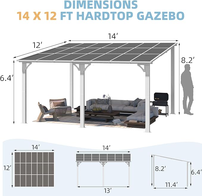 AECOJOY 14' x 12' Gazebo Outdoor Pergola for Patio, White 12x14 Large Wall-Mounted Hard Top Lean to Metal Gazebo Shelter Pergolas and Gazebos Clearance with Patio Roof, Heavy Duty Awnings for Backyard
