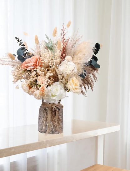 Artificial Flowers with Dried Pampas and Vase, 100 Pieces, Neutral