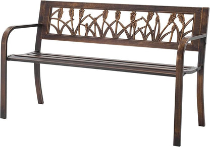 VEVOR Outdoor Bench, 50 inch, Carbon Steel Metal Frame with PVC Floral Pattern Backrest and Round Edge Armrests, Weatherproof Outside Bench for Patio, Garden, Park, Yard, Front Porch, Antique Bronze