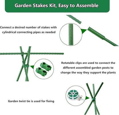 Garden Stakes Kit, 20 Sets 16 inch 0.43" in Diameter Steel Plant Stick Support (with Accessories Total 46 pcs), DIY 3ft 4ft 5ft 6ft 7ft Sturdy Tomato Stakes for Indoor & Outdoor Gardening Supplies