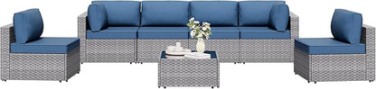 Shintenchi 7 Pieces Outdoor Patio Furniture Sets, Patio Sectional Sofa Couch, Silver Gray PE Wicker Furniture Modular Patio Conversation Sets Patio Sofa with Washable Cushions (Aegean Blue)