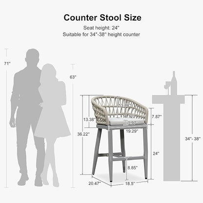 PURPLE LEAF Outdoor Rattan 24" Counter Height Bar Stools Chair Set of 2, Modern Patio Wicker Barstool with Backrest for Indoor and Outdoor, Kitchen Island, Light Grey