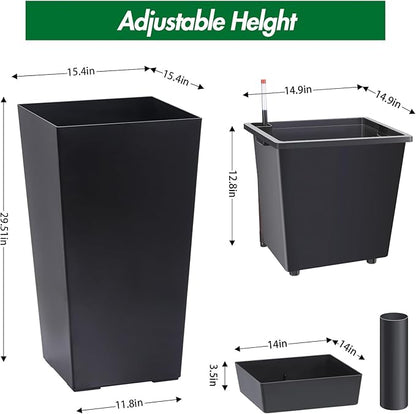 30 Inch Tall Self Watering Planters Set of 2, Outdoor Plant Pots with Automatic Watering System, Water Level Monitor, Drainage, Wheels & Inner Bucket, for Front Porch & Indoor Plants Black