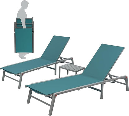 Kozyard 3-Pieces Patio Lounge Set, 2 Foldable Adjustable Lounge Chairs and Side Table, Aluminum Frame, Breathable Textilene Fabric, Assemble-Free, Reclining to Flat for Pool, Beach (MintGreen)