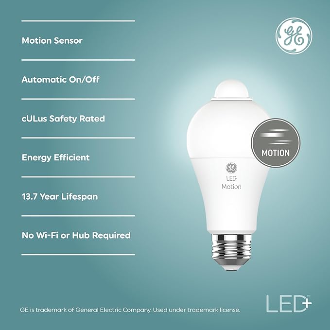 GE LED+ Motion Sensor LED Light Bulbs, 12W, Outdoor Security Lights, Daylight, A21 2 Count (Pack of 4)