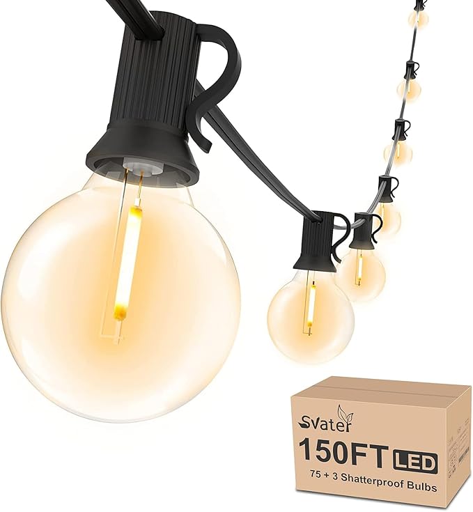 String Lights 150 FT Warm White LED, 75 Shatterproof Bulbs, Waterproof