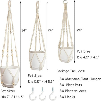 Macrame Plant Hangers with Pots and Saucers, 3 Pack Hanging Planters for Indoor Plants Hanging Plant Holders with Hooks 34" / 26" / 20"