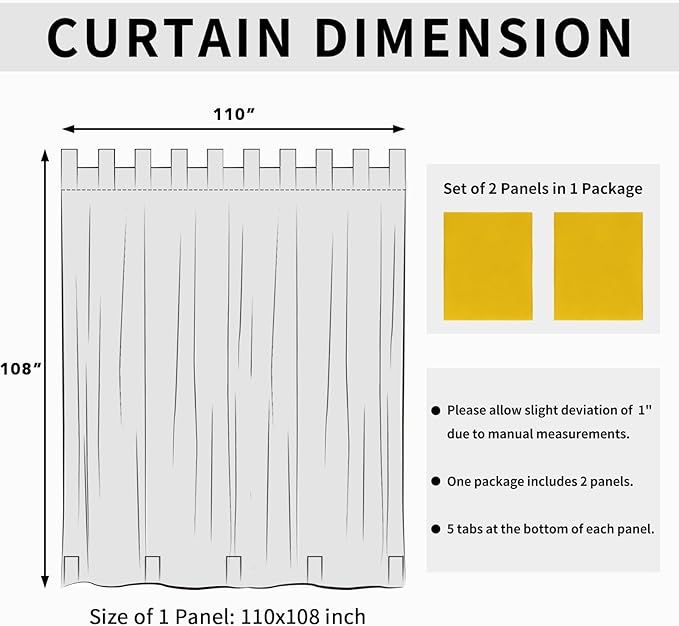 Easy-Going Outdoor Patio Curtains Detachable Tab Top Windproof Weatherproof Curtain for Cabana, Porch, Pergola and Gazebo, Tab Bottom Drape, 2 Panels, 110W x 108L inch, Yellow