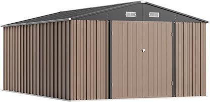 Greesum 10×14 FT Outdoor Storage Shed, Metal Storaged Sheds Without Floor, Tool Sheds with Lockable Doors and Sloping Roof for Garden, Patio, Brown