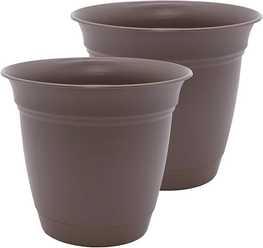 The HC Companies 20 Inch Eclipse Round Planter Pots with Drainage Holes & Attached Saucer, Lightweight UV-Resistant Plastic Indoor & Outdoor Planters, 2-Pack Flower Pots, Garden Home Decor, Cappuccino