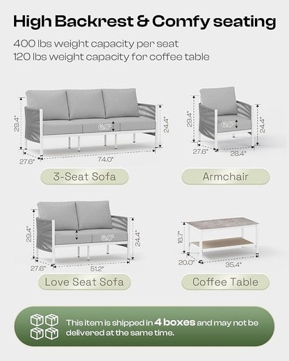 Aluminum Outdoor Patio Furniture Set with Dual-Layer Coffee Table, 5 Piece Modern Patio Conversation Sets with PE Rope, Outdoor Sectional Sofa with Thick Cushions for Balcony, Deck, White