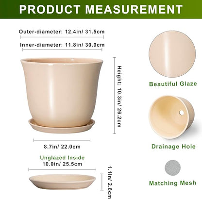 Ceramic Plant Pots - 12 Inch Plant Pot with Drainage Hole and Tray, Large Round Flower Pot for Indoor Outdoor, Modern Planter, Decorative Planters, Home Garden Decor, Beige