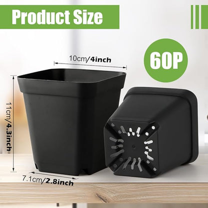 Square Nursery pots 4 Inches 60Pcs, Seedling Plastic Seeds propogation Growing Pots (Black,4Inches,60Pcs)