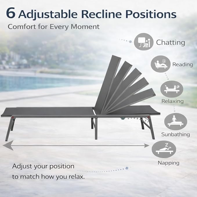 Kozyard 2-Pack Outdoor Lounge Chairs, Foldable Aluminum Frame Patio Chaise Lounge with 5-Position Adjustable Backrest, Assemble-Free, Breathable Textilene Fabric for Poolside Beach (Gray, Notable)