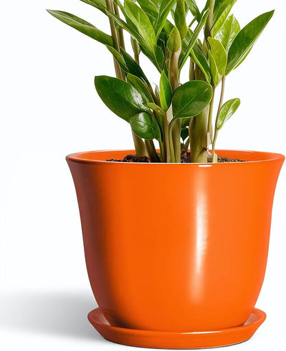 10 Inch Plant Pot - Ceramic Pots for Plants with Drainage Hole and Saucer, Round Planters for Indoor Outdoor Plants, Modern Decorative Planters, Room Home Decor, Gardening Gifts, Orange