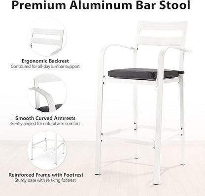 VINGLI Outdoor Bar Stools Set of 2, All-Weather Bar Height Aluminum Stools with 1.6" Thick Cushion, Rust-Proof Patio Chairs for Backyard, Poolside, Balcony & Kitchen Island (White)