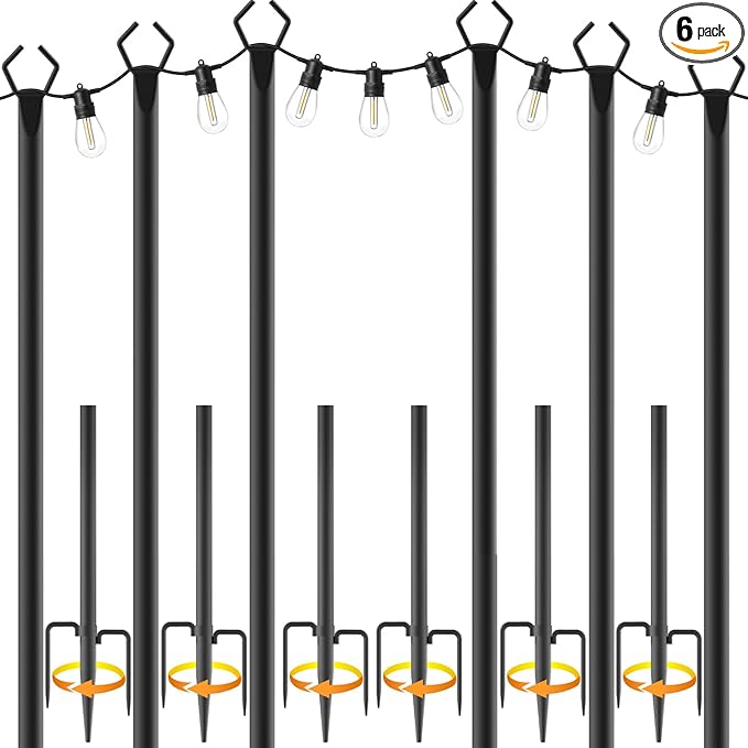 10Ft String Light Poles 6 Pack,Light Poles for Outside Lights,Outdoor with Fence Brackets Hanging Lights,Metal Stand Deck Patio Backyard