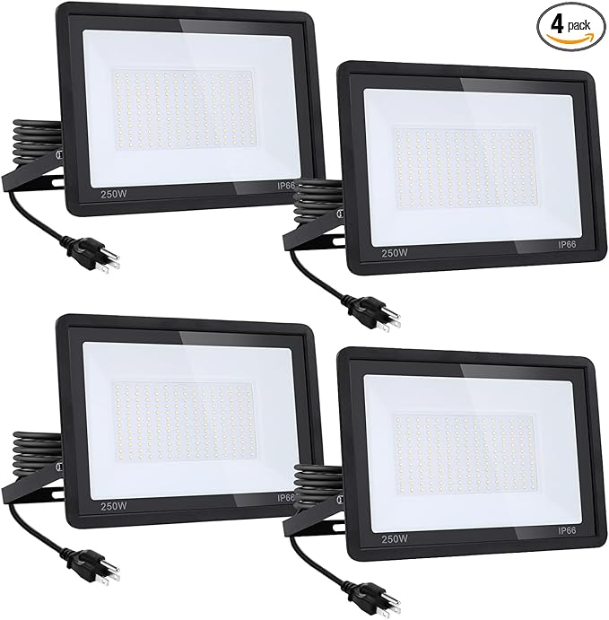 4Pack-250W LED Flood Light Outdoor,27500lm LED Work Light with 6FT US Plug,IP66 Waterproof Exterior Security Lights,6000K Daylight White Outside Floodlights Slim design for Playground Yard Stadium