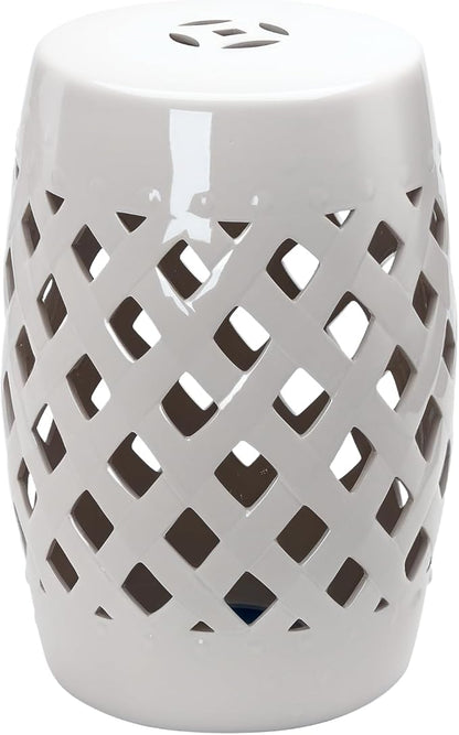 Decorative Garden Stool, White Ceramic Woven Lattice Accent Seat