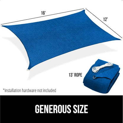GORILLA GRIP Heavy Duty Sun Shade, UV Protection Fade Tear and Rust Resistant Rectangle Sunshade Canopy, Curved Edges Blocks Sunlight, Breathable Sail, Outdoor Patio, Lawn Garden 12x16 FT Blue