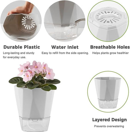 2 Pack Self Watering Pots for Plants, 8.4" Self Watering Planters Large African Violet Self Watering Clear Pots for Plants Large Herb Orchid Flower Houseplant Pots, Light Grey