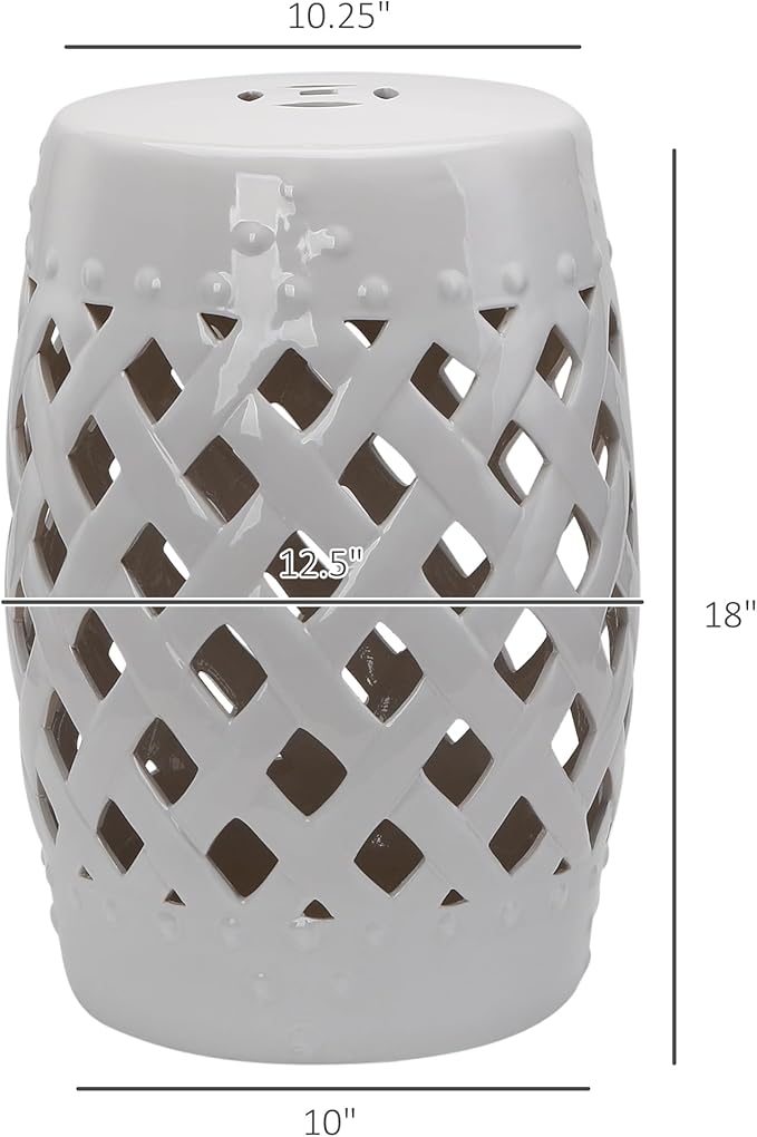Decorative Garden Stool, White Ceramic Woven Lattice Accent Seat