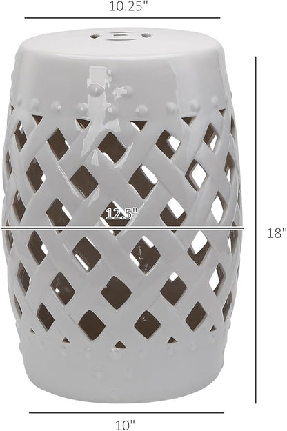 Decorative Garden Stool, White Ceramic Woven Lattice Accent Seat
