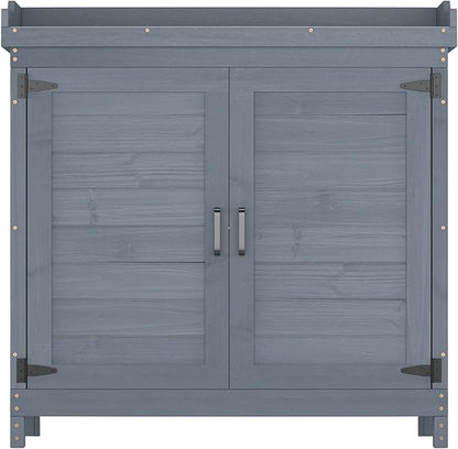 Outdoor Garden Patio Wooden Storage Cabinet Furniture Waterproof Tool Shed with Potting Benches Outdoor Work Station Table (Gray)