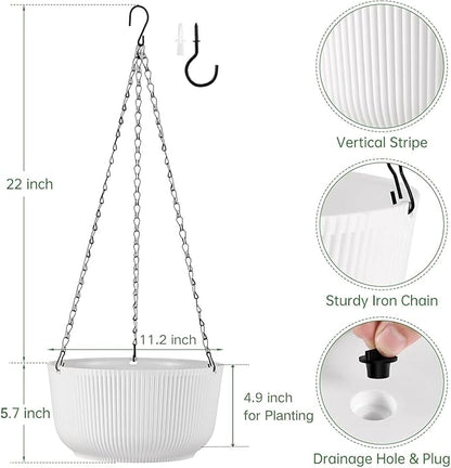 11.2 Inch Hanging Planters for Outdoor Indoor Plants, Set of 2 Self-Watering Hanging Pots with Drainage Hole & Plug II Screw-in Hooks II Non-deforming