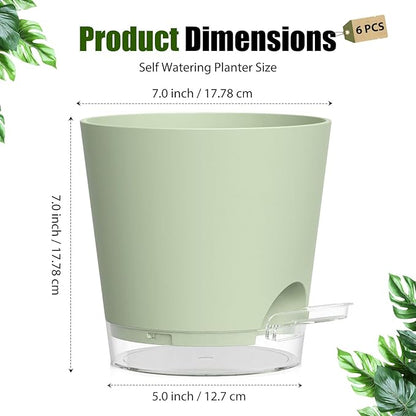 Plant Pots 7 Inch Self Watering Pots, 6 Pack Plastic Planters with Drainage Holes and Clear Saucers,Plastic Flower Pots for Indoor Out Door Plants(Green)