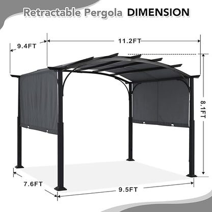MASTERCANOPY 10x12ft Outdoor Retractable Pergola with Sun Shade Canopy Patio Metal Garden Pergola,Dark Grey