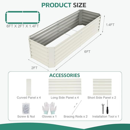 Galvanized Raised Garden Bed - 6x2x1.4ft Metal Garden Planter Box Outdoor | Steel Raised Bed Kit with Bracing Rods, Gloves for Gardening Vegetables Fruits and Flowers (White)