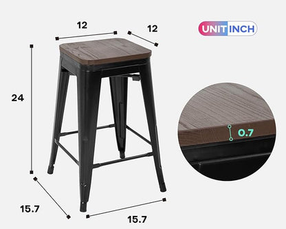 FDW Metal Bar Stools Set of 4 Counter Height Bar Stools 24 Inches Industrial Bar Chairs Patio Stool Stackable Backless Stool Indoor Outdoor Metal Kitchen Stools Bar Chairs (Black with Wood, 24")