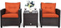 Tangkula 3 Pieces Patio Furniture Set, PE Rattan Wicker 3 Pcs Outdoor Sofa Set w/Washable Cushion and Tempered Glass Tabletop, Conversation Furniture for Garden Poolside Balcony (Orange)