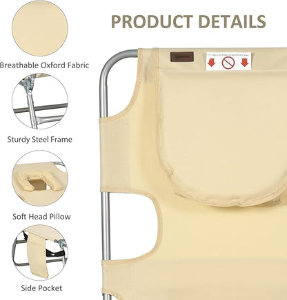 Outsunny Folding Beach Lounge Chair with Face Hole and Arm Slots, 5-Level Adjustable Sun Lounger Tanning Chair with Pillow for Patio, Garden, Beach, Pool, Beige