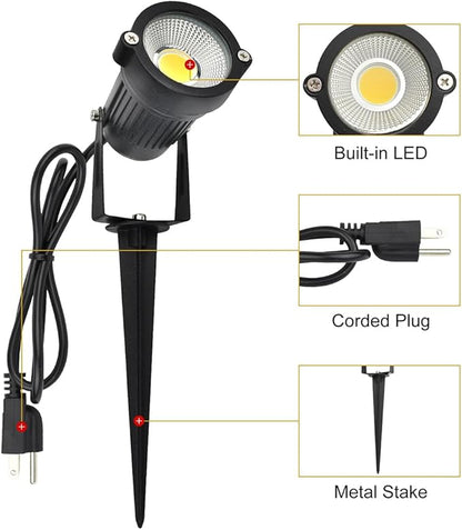 GSS6005 Plug in Spotlight Outdoor, 5W LED Landscape Spotlight 120V, 3000K Warm White, Metal Construction with Ground Stake, 3ft Cord and Plug, Black