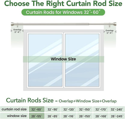 Time Forest Curtain Rods for Windows 28 to 48, 1 Inch Adjustable Heavy Duty Curtain Rod with Simple End Caps, Outdoor Window Drapery Rods for Patio, Size 32"-60", Brushed Nickel