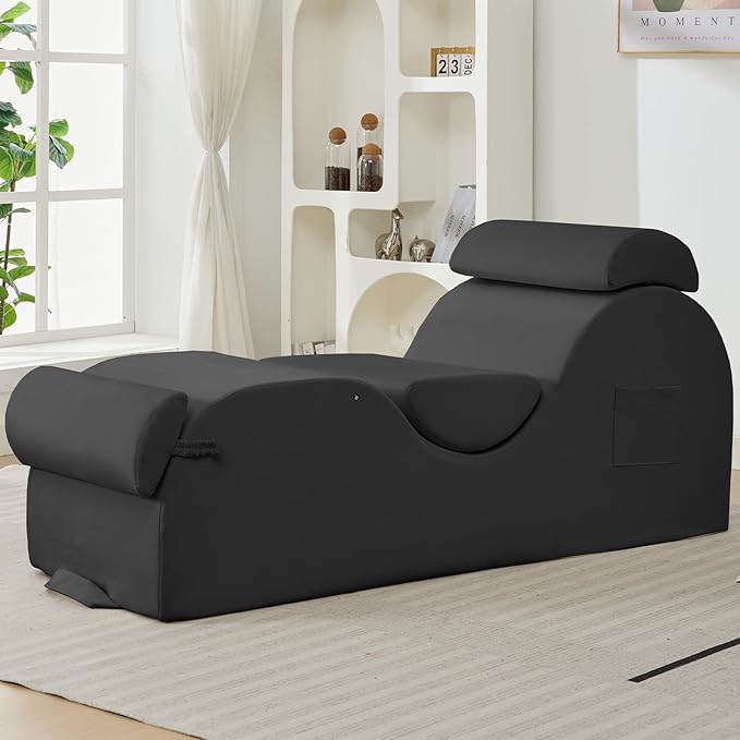 ijuicy Sleek Chaise Lounge Chair for Exercise, Indoor Lounger with Headrest, Waist Cushion, Movable Footrest, Side Pockets, Non-Slip Bottom, High Density Sponge, Dark Grey