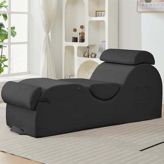 ijuicy Sleek Chaise Lounge Chair for Exercise, Indoor Lounger with Headrest, Waist Cushion, Movable Footrest, Side Pockets, Non-Slip Bottom, High Density Sponge, Dark Grey