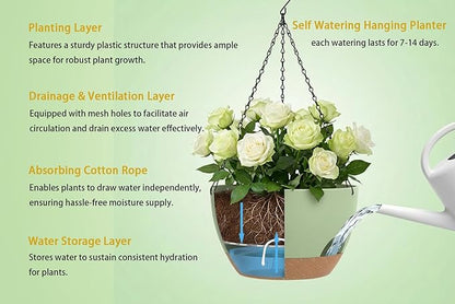 Hanging Planters 3-Pack, 8 Inch Self-Watering Hanging Pots with Drainage Hole and Chains, Plastic Planters for Indoor Outdoor（Green Brown）