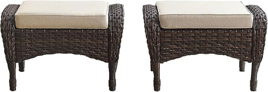 Belord Outdoor Ottomans for Patio Foot Rest - 25 Inch PE Wicker Foot Stool Set of 2 with Removable Cushions for Patio Furniture Sets,All Weather Rattan Ottoman for Balcony Deck Backyard Brown