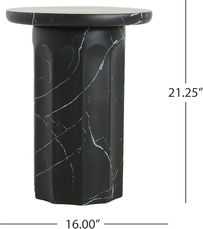 Christopher Knight Home Mervynt Outdoor Side Table, Lightweight Concrete Patio End Table Garden Stool with Round Top, Decorative Accent Table for Patio Balcony Beach Pool Side, Black Marble Finish