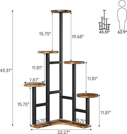Corner Plant Stand Indoor with Grow Lights, 6 Tiered Corner Plant Shelf Flower Stand for Multiple Plants, Plant Shelves Organizer Rack for Living Room, Balcony, Patio, Round Rustic Brown