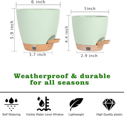 Self-Watering Plant Pots for Indoor Plants: 5/6 Inch Plastic Planter with Water Level Indicator, Drainage Holes & Deep Reservoir, Modern Decorative Flower Pot (Green)