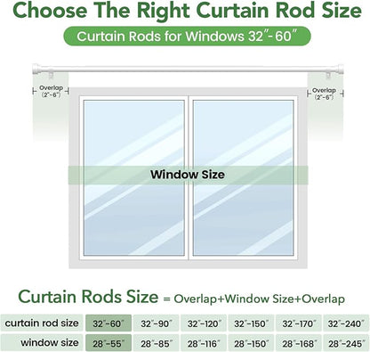 Curtain Rods for Windows 28 to 48, 1 Inch Adjustable White Heavy Duty Curtain Rod, Modern Style Indoor Outdoor Drapery Rods with End Caps, Size 32" - 60"