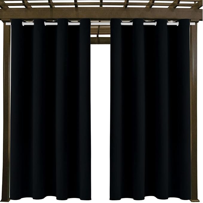 Water Proof Outside Curtains with Grommet Top for Porch, W52 x L120 Thermal Insulated Washable Light Block Outdoor Divider Drapes for Patio Gazebo Deck Pool Area Pergola Cabana (Black, 2 Panels)