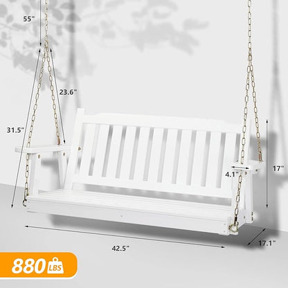 VINGLI Upgraded Heavy Duty 880 LBS 4 FT Patio Wooden Porch Swing Solid Fir Wood, Outdoor Handing Swing Bench for Garden | Yard | Balcony | Tree, White